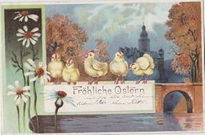 Fröhliche Ostern. Geprägte Postkarte in farbiger Lithographie. Abgestempelt Bremen 02.04.1904.