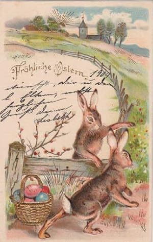 Fröhliche Ostern. Geprägte Postkarte in farbiger Lithographie. Abgestempelt Hamburg 02.04.1904.