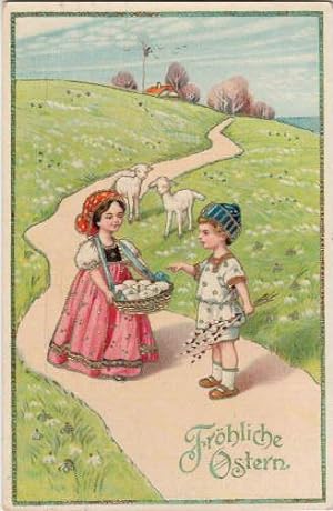 Fröhliche Ostern ! Geprägte Postkarte in farbiger Lithographie. Abgestempelt Altona 30.03.1918.