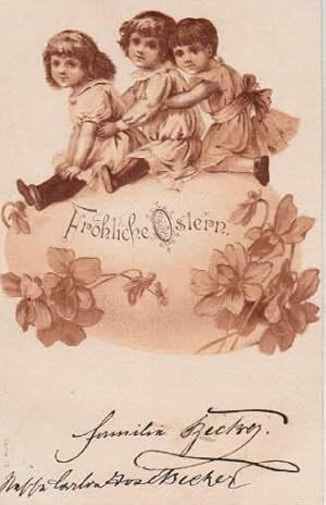 Fröhliche Ostern. Geprägte Postkarte in farbiger Lithographie. Abgestempelt Hamburg 29.03.1902.