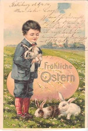 Fröhliche Ostern, Postkarte in farbiger Lithographie. Abgestempelt Ratzeburg 02.04.1904.