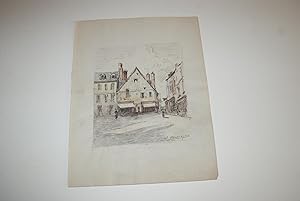 FALAISE (CALVADOS - NORMANDIE) - RUE DE LA MAIRIE. Aquarelle originale signe d'Adolphe ...