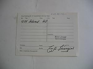 Bestellkarte aus dem Antiquariat mit eigenhändiger Beschriftung und Unterschrift