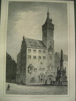 Würzburg. Rathaus. Deutschland. Germany. Orig. Stahlstich von Poppel, 1875. 16,0 x 10,4 cm. Mit P...