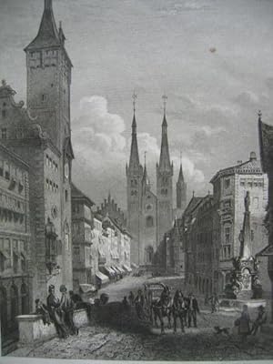 Würzburg. Straße am Rathaus. Deutschland. Orig. Stahlstich von 1862. 16,5 x 11,5 cm. Mit Passepar...