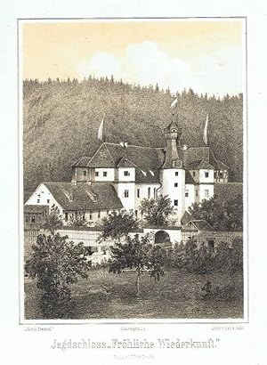 Jagdschloss " Fröhliche Wiederkunft ". Thüringen - Stadtroda. Getönte Lithographie, aus Sachsengr...