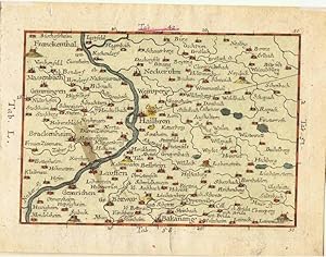 Kupferstich Gebiet von Franckenthal, Hailbron ( Heilbronn ), Brackenheim, Lauffen, Bakanang ( Bac...