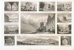 Heidelberg. Souvenirblatt. 12 Teilansichten von Schloß, Stadt u. Panorama. Stahlstich