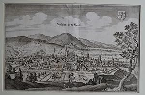 Neustadt / Weinstrasse. " Neustadt an der Hardt" Gesamtansicht, Panorama mit Wappen. Kupferstich,...