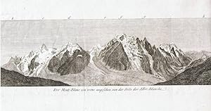 Mont Blanc, von vorne gesehen, von der Seite der Allee Blanche Panorama Kupferstich.