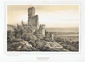 Wachenheim (Bayrische Rheinpfalz ) Panorama mit Burgruine. Lithographie mit Tonplatte von F. Hohe