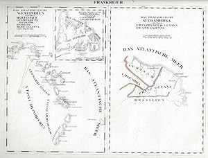Karte von Martinique, Guadeloupe und Französisch Guyana, Cajenne, grenzkol. Kupferstich, ( Schlie...
