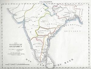 Karte von Pondichery, Karikall, Mahe, Französisches Ostindien, grenzkolorierter Kupferstich aus S...