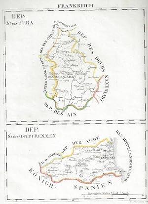 Karten von Jura und Ostpyrenaen - Pyrenäen ) Frankreich - Departements, grenzkolorierter Kupferst...