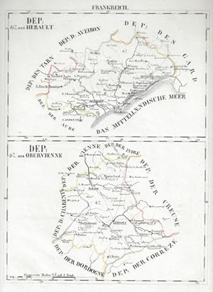 Karte von Herault und Obervienne, 2 Karten Frankreich - Departements, grenzkolorierter Kupferstic...