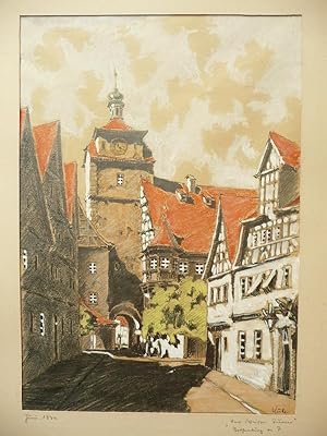 Ansicht aus Rothenburg ob der Tauber. Vor Weißen Turm. Original Kohlezeichnung, koloriert, signie...