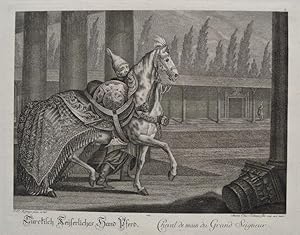 Imagen del vendedor de Pferd.Trckisch Kaiserliches Hand Pferd, Cheval de main du Grand Seigneur. Trkisches Pferd mit Decke und Zaumzeug, dahinter trkischer Pferdefhrer in Pferdestall und Landschaft. Original Kupferstich. Um 1735 a la venta por Buecherstube Eilert, Versandantiquariat