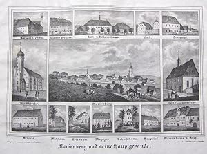 Marienberg und Hauptgebäude. Gesamtansicht umgeben von 14 Teilansichten. Steindruck von Ketzschau...