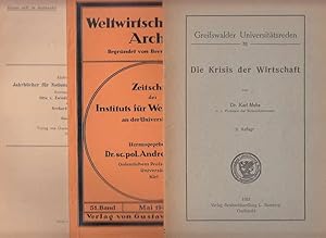 Imagen del vendedor de Die Krisis der Wirtschaft. Ursachen und berwindung. Rede zur akademischen Verfassungsfeier. Greifswalder Universittsreden 31. // Beigaben zu diesem Titel: Zwiedineck-Sdenhorst / Gerhard Albrecht: Der Parallelismus von Preis- und Produktionsbewegung, (Abdruck aus Nationalkonomie und Statistik), S.665 - 677, Fischer, Jena 1936 / Deutsche Geldpolitik mit Beitrgen versch. Autoren (Sonderdruck), S. 215 - 332, Duncker & Humblot, Berlin 1941 / Muhs: Neue Literatur zur theoretischen Volkswirtschaftslehre (Sonderabdruck in Zeitschrift des Instituts fr Weltwirtschaft, S. 101 - 112, Uni Kiel, Gustav Fischer, Jena Mai 1940 / Karl Muhs: Spontanittals kapitalistisches Geschichtsprinzip (Abdruck aus Nationalkonomie und Statistik), S. 257 - 270, Gustav Fischer, Jena 1934 / dto: Leibniz und der Geist der westeuropischen Aufklrung, S.321- 340, Fischer 1942 / Muhs: Aufgaben des Geldes - Auseinandersetzung mit Eduard Lukas, Sonderabzug aus Schmollers Jahrbuch fr Gesetzgebung. , 38 Seiten, Dunck a la venta por Antiquariat Carl Wegner