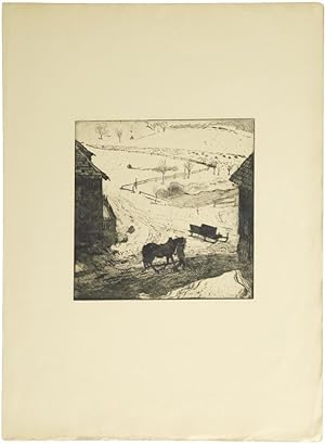 Bild des Verkufers fr Winterliche Dorflandschaft mit einem Bauern mit Handpferd. zum Verkauf von Galerie Joseph Fach GmbH