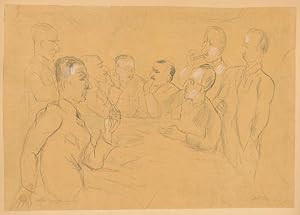 Die Sitzung; acht Herren, drei stehend und fünf sitzend um einen Tisch.