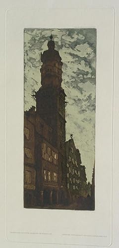 Seller image for Innsbrucker Stadtturm" originale, breitrandige Aquatinta-Radierung ca. 40x18cm; auf Bttenkarton (ca. 40x50cm); in der Platte betitelt und bezeichnet; Gesellschaft fr vervielfltigende Kunst Wien um 1910 for sale by Kunsthandel & Antiquariat Magister Ru