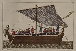 "Angelsächsisches Segelschiff" originaler, kolorierter und breitrandiger Kupferstich ca. 19x26cm ...