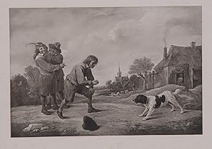 Seller image for Vor einem Dorfe stehen zwei Bauernjungen beisammen, whrend ein dritter einem Hund spielend eine Kugel vorwirft" (aus: Verzeichniss der kais. Kn. Gemlde-Gallerie im Belvedere zu Wien) for sale by Kunsthandel & Antiquariat Magister Ru