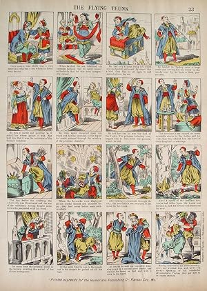 Bild des Verkufers fr The flying trunk" 16 handkolorierte originale Holzschnitte auf einem Blatt ca.39x29cm; Epinaler Bilderbogen Nr. 33; Printed expressly for the Humoristic Publishing Co, Kansas City, Mo.; Imagerie d'Epinal um 1880 zum Verkauf von Kunsthandel & Antiquariat Magister Ru