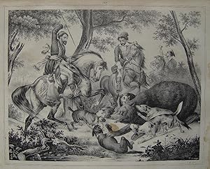 "Bärenjagd" originale Lithographie ca.17x22cm; unterhalb der Darstellung typographisch betitelt; ...