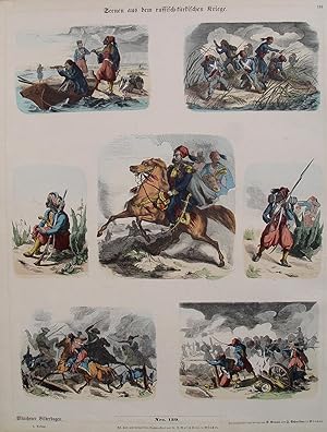 "Scenen aus dem russisch-türkischen Kriege" 7 originale handkolorierte Holzstiche auf einem Bogen...