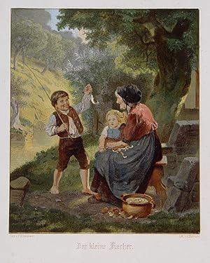 Seller image for Der Kleine Fischer" originale Farb-Lithographie ca.20x17cm (Darstellung/Image size) auf Kunstdruck-Karton (26,19,5cm) von August Lttmann (1830 - 1882) nach Hiddemann; unterhalb der Darstellung typographisch betitelt und bezeichnet; um 1865 for sale by Kunsthandel & Antiquariat Magister Ru