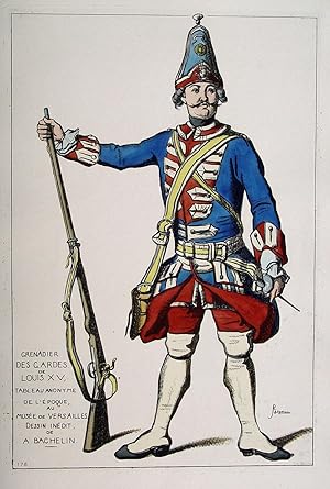 Seller image for Grenadier des Gardes de Louis XV" originale aquarellierte Radierung ca. 34,5x23,5cm (Darstellung/Image size) von Jacquemin auf Btten-Karton; in der Platte signiert, betitelt und bezeichnet Delatre Paris um 1870 for sale by Kunsthandel & Antiquariat Magister Ru