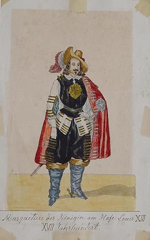 "Musquetiere der Königin am Hofe Louis XIII., XVII. Jahrhundert" originale aquarellierte Tuschfed...