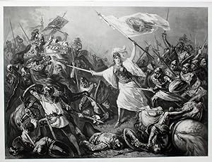 "Jeanne d'Arc zieht mit Schwert und Marienbanner in die Schlacht" originale Kreide-Lithographie a...