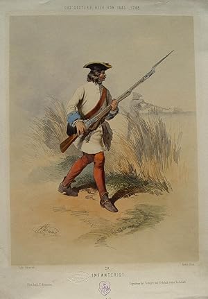 Bild des Verkufers fr Infanterist" originale handkolorierte Lithographie ca.23x18cm (Darstellung/image size) auf Kunstdruck-Karton (28x20,5cm) von Franz Gerasch (1826 in Wien - 1893 ebenda) im Stein signiert; unterhalb der Darstellung typographisch betitelt und bezeichnet; zum Verkauf von Kunsthandel & Antiquariat Magister Ru