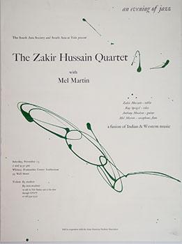 Poster for Zakir Hussain Quartet with Mel Martin at Yale.