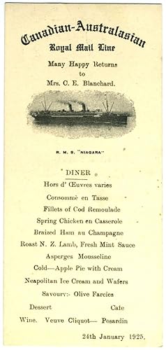 The Canadian Australasian Royal Mail Line. RMS "Niagara" menu