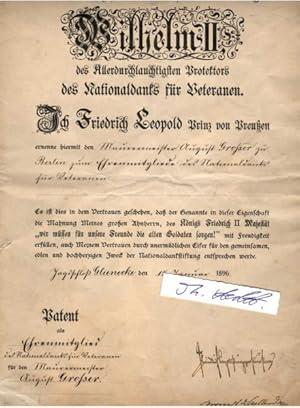 Immagine del venditore per FRIEDRICH LEOPOLD, PRINZ VON PREU�EN (1865-1931) Schwager der Kaiserin Auguste Viktoria. Er entstammte dem Haus Hohenzollern, war Generaloberst und hatte in der �ffentlichkeit der Ruf eines enfant terrible der Herrscherfamilie. 1894 Protektor aller drei preu�ischen Gro�logen. Seit 1895 war er zudem Ordensmeister des Freimaurerordens. Schon 1893 wurde er zum Ritter des schwedischen k�niglichen Ordens Karls XIII. geschlagen, der nur Freimaurern zug�nglich ist venduto da Herbst-Auktionen