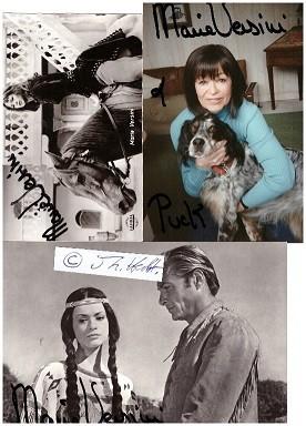 Bild des Verkufers fr MARIE VERSINI (1940-2021) franzsische Schauspielerin. Berhmt wurde sie als Nscho-tschi in Winnetou 1. Teil (1963) von Harald Reinl. Sie spielte noch in vier weiteren Karl-May-Filmen mit: in Der Schut (1964), Durchs wilde Kurdistan (1965), Im Reiche des silbernen Lwen (1965) und in Winnetou und sein Freund Old Firehand (1966) (da noch einmal als Nscho-tschi). zum Verkauf von Herbst-Auktionen