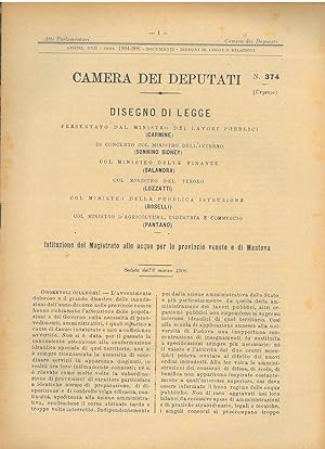 Disegno di legge : Istituzione del Magistrato alle acque per le province venete e Mantova con Rel...