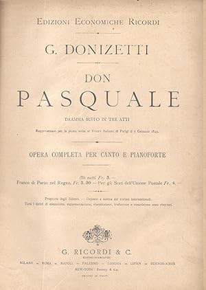 Imagen del vendedor de DON PASQUALE (1843). Dramma buffo in tre atti di Michele Accursi. Opera completa per Canto e Pianoforte. timbro a secco Gennaio 1905 (Pl.n42051). a la venta por studio bibliografico pera s.a.s.