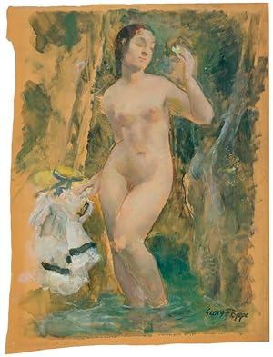 Bild des Verkufers fr Stehender weiblicher Akt beim Bade in einem Gewsser, das rechts und links von hochaufragenden Felsen eingeschlossen ist. zum Verkauf von Galerie Joseph Fach GmbH