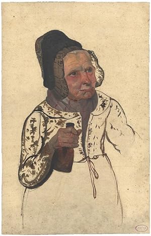 Bild des Verkufers fr Bildnis einer alten Frau mit schwarzer Spitzenhaube, die eine Flasche in der Rechten hlt. zum Verkauf von Galerie Joseph Fach GmbH