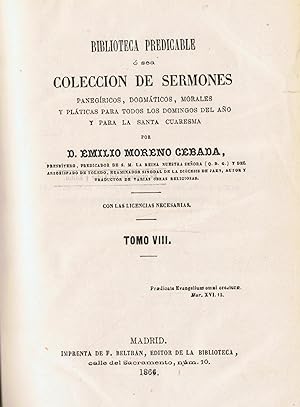 Imagen del vendedor de BIBLIOTECA PREDICABLE  SEA COLECCIN DE SERMONES. Tomo VIII (de 11). a la venta por Librera Torren de Rueda