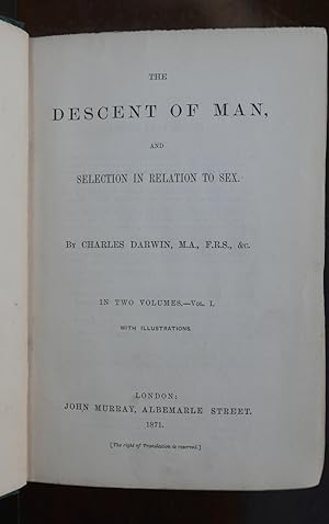 Seller image for The Descent of Man, and Selection in Relation to Sex. Two Volumes for sale by HALEWOOD : ABA:ILAB : Booksellers :1867