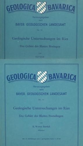 Immagine del venditore per Geologische Untersuchungen im Ries: Blatt Bissingen (und) Blatt Fremdingen. 2 gefaltete farbige geologische Karten, 1:25.000, je Blatt 46x58 cm. Mit beschreibendem Text (171 Seiten, 90 Abbildungen, 3 Fossil-Tafeln). venduto da ANTIQUARIAT ERDLEN