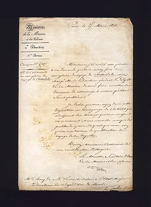 Original letter signed to Bory de Saint-Vincent, granting him access to the reports of the Astrol...