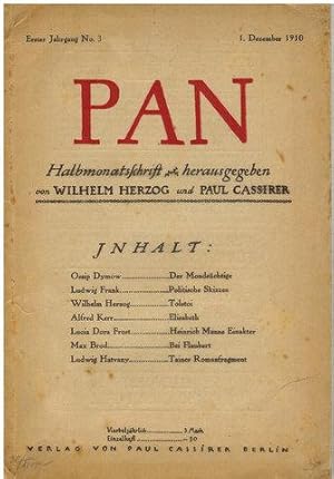 Seller image for Pan. Erster (1.) Jhg. No.3. Unter den Autoren: O. Dymow, L. Frank, W. Herzog, Alfred Kerr, L. D. Frost, Max Brod, L. Hatvany. Halbmonatsschrift. for sale by Antiquariat Appel - Wessling