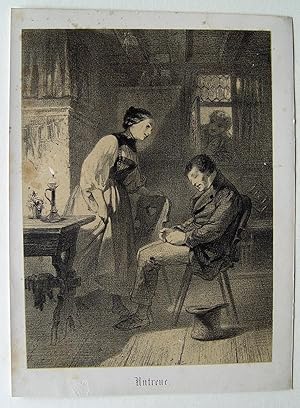 Image du vendeur pour Untreue" originale Kreide-Lithographie ber Tonplatte von A. Mouilleron nach Vautier auf Kunstdruck-Karton (ca.24x18cm) im Stein betitelt; Arnz & Comp Dsseldorf 1854 mis en vente par Kunsthandel & Antiquariat Magister Ru